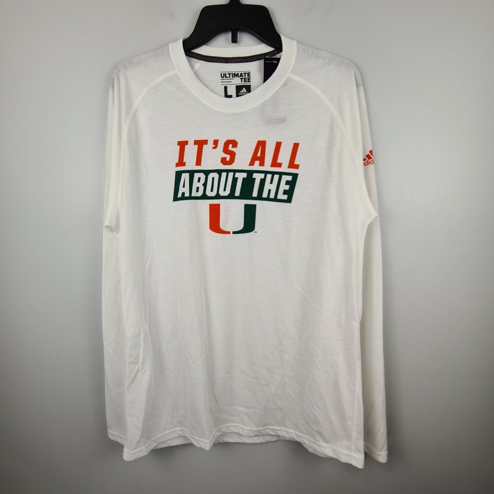 Adidas Miami Hurricanes Long Sleeve Ultimate Tee White Mens Large The U Team